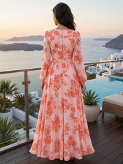 Peach Floral Chiffon V-Neck Long Sleeve High Slit A-Line Floor-Length Gown Dress
