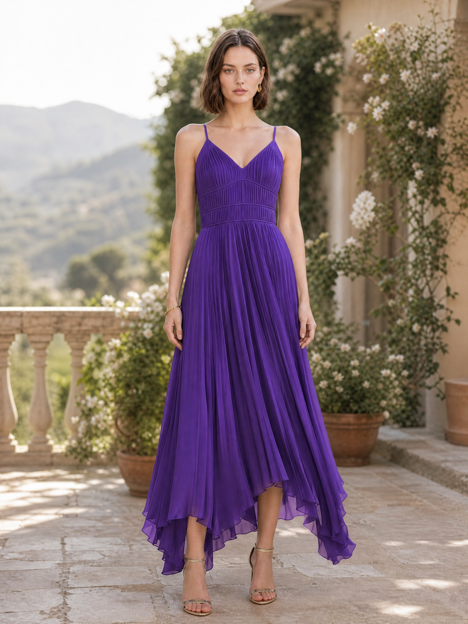 Purple Spaghetti Strap Pleated Asymmetric Midi Floor-Length Gown Dress