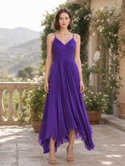 Purple Spaghetti Strap Pleated Asymmetric Midi Floor-Length Gown Dress