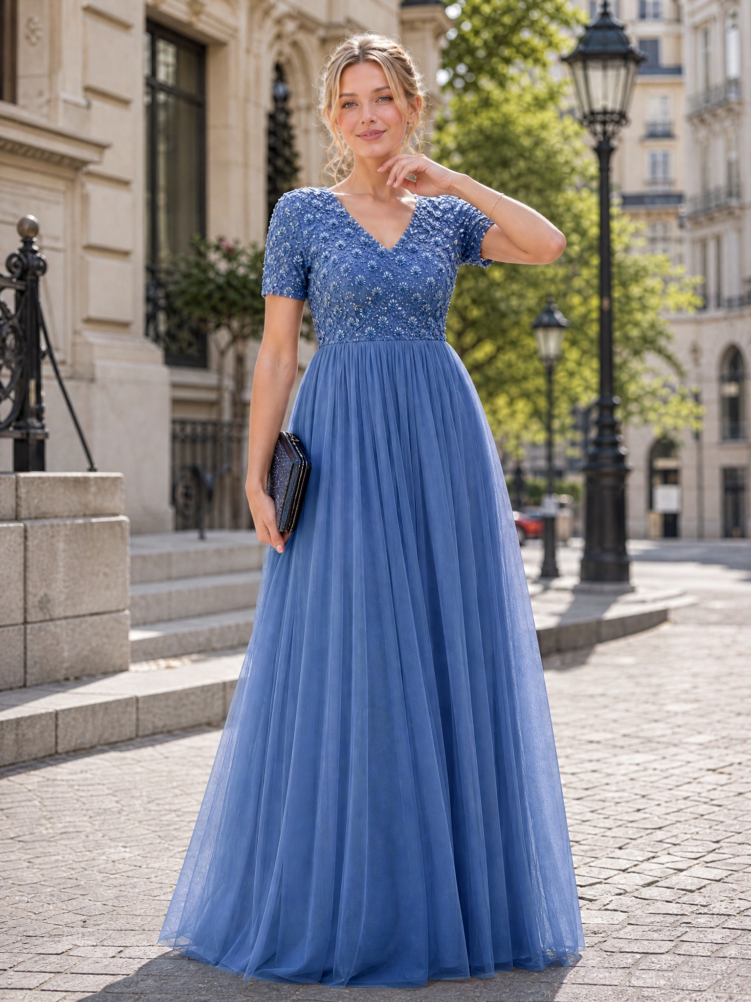 V-Neck Dusty Pink Beaded Sequin Evening Dresses with Short Sleeves and Pleated A-Line Skirt