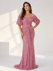 Dusty Rose Off-the-Shoulder Ruched Sequin Lace Floor-Length Gown Dress