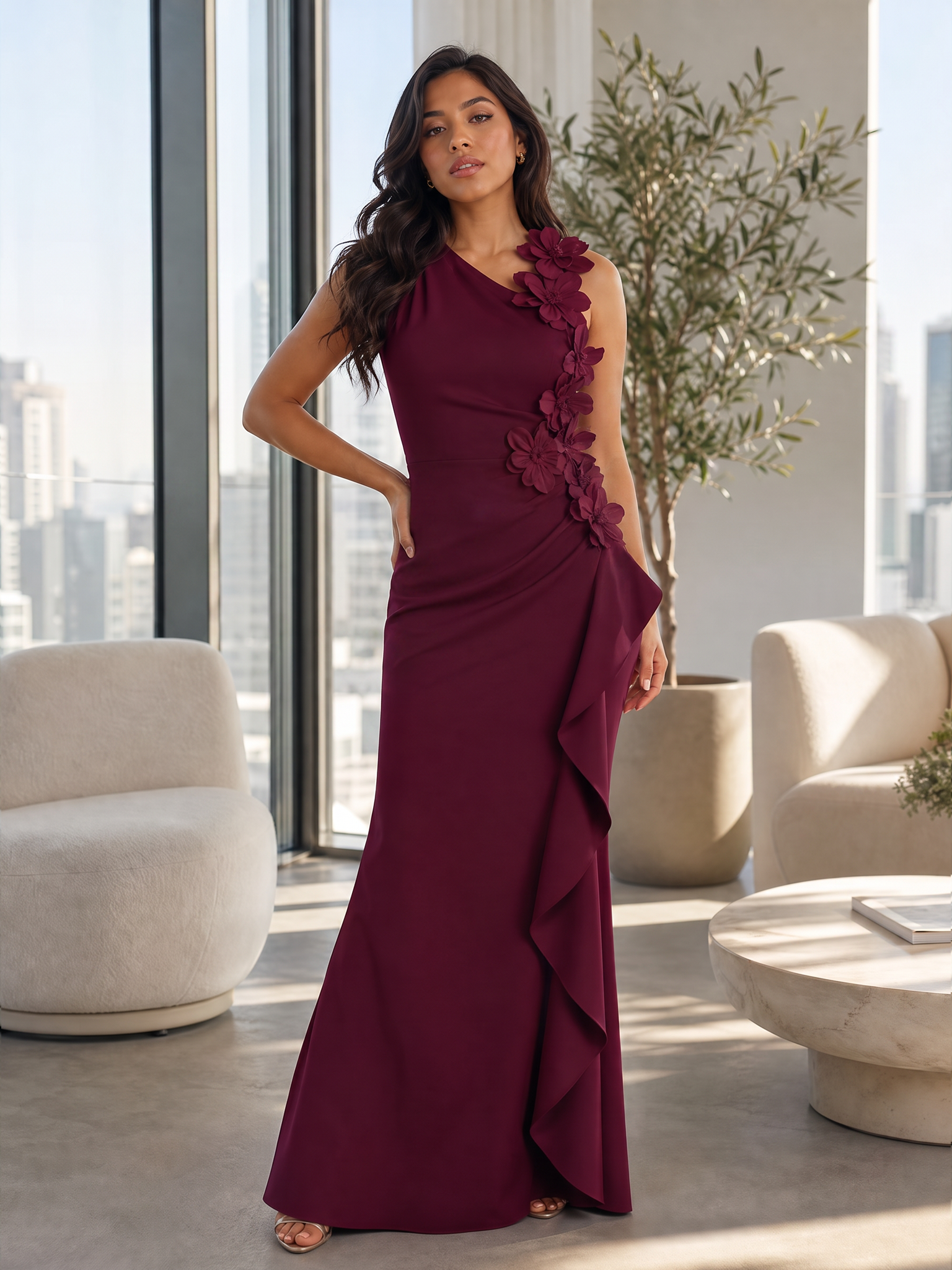 Burgundy One-Shoulder Floral Applique Floor-Length Gown Dress