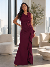 Burgundy One-Shoulder Floral Applique Floor-Length Gown Dress