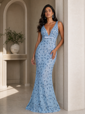 Light Blue V-Neck Sequin Lace Floor-Length Gown Dress