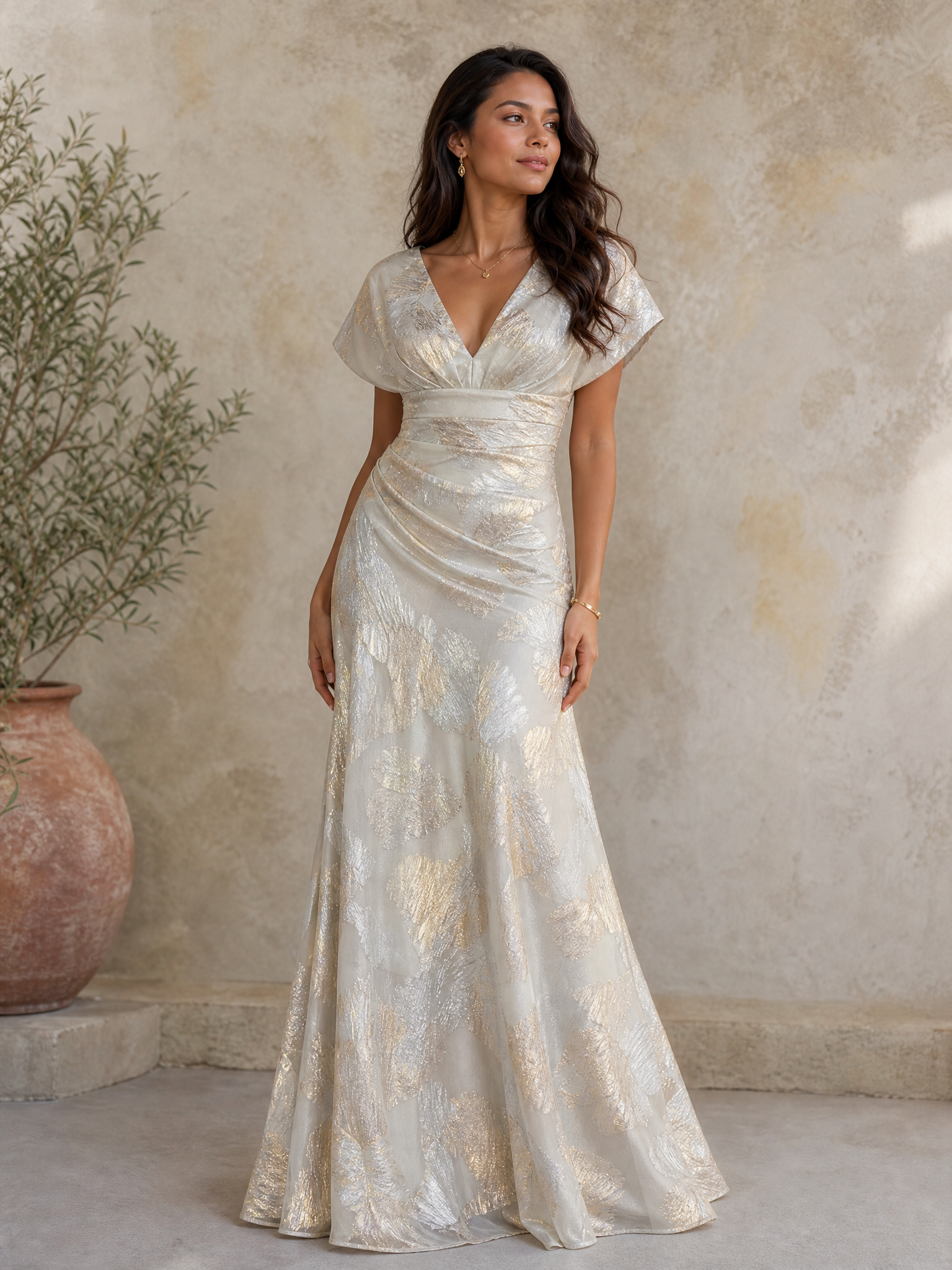 Champagne Gold V-Neck Ruched Metallic Brocade Floor-Length Gown Dress