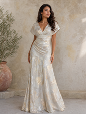 Champagne Gold V-Neck Ruched Metallic Brocade Floor-Length Gown Dress