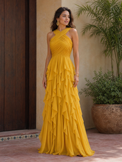 Mustard Yellow Halter Criss-Cross Ruched Ruffled Chiffon Floor-Length Gown Dress