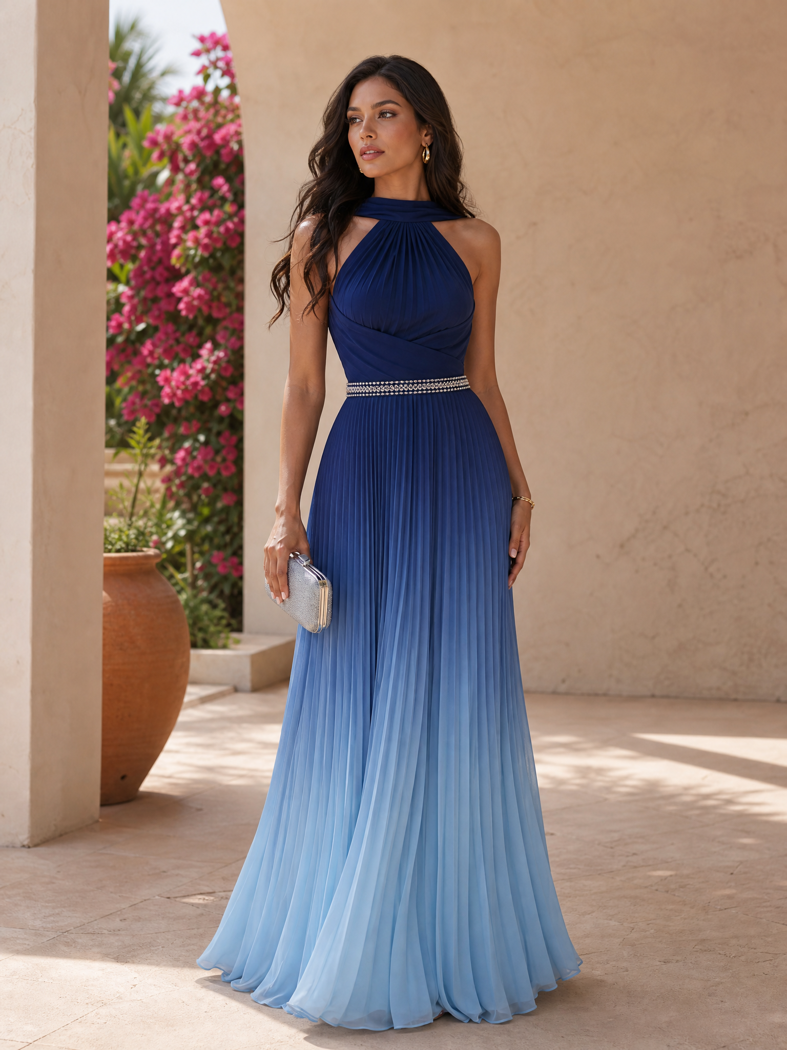 Blue Ombre Halter Sleeveless Pleated Floor-Length Gown Dress