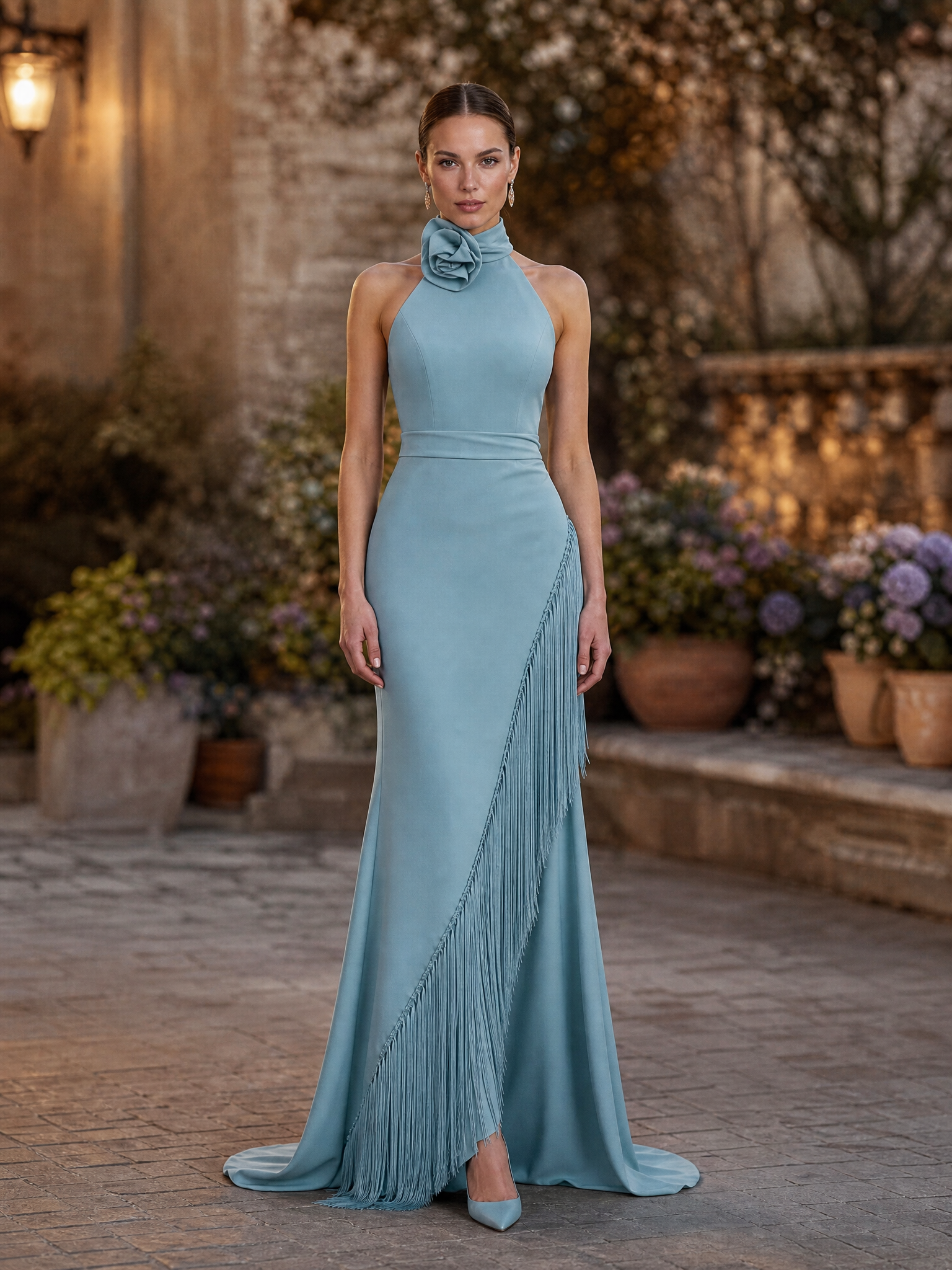 Dusty Blue Halter Neck Fringe Trim Floor-Length Gown Dress