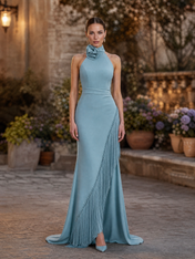 Dusty Blue Halter Neck Fringe Trim Floor-Length Gown Dress