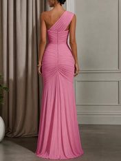 Evening Formal Dress Pink One Shoulder Ruched Maxi Dress