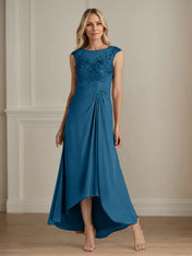 Champagne A-Line Scoop Lace Chiffon Dress