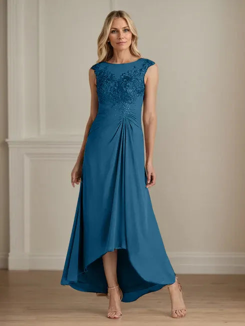 Champagne A-Line Scoop Lace Chiffon Dress