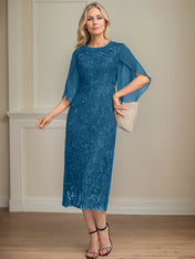 Sheath/Column Scoop Tea-Length Lace Chiffon Mother of the Bride Dress