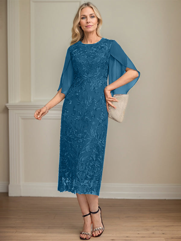 Column Scoop Tea-Length Lace Chiffon Mother of the Bride Dress