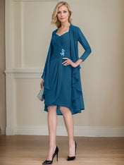 Sheath/Column Sweetheart Knee-Length Chiffon Mother of the Bride Dress With Beading Appliques Lace Sequins Pleated