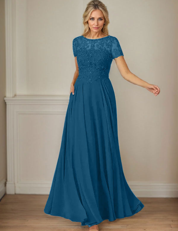 Dark Navy A-Line Boatneck Sequins Chiffon Dress