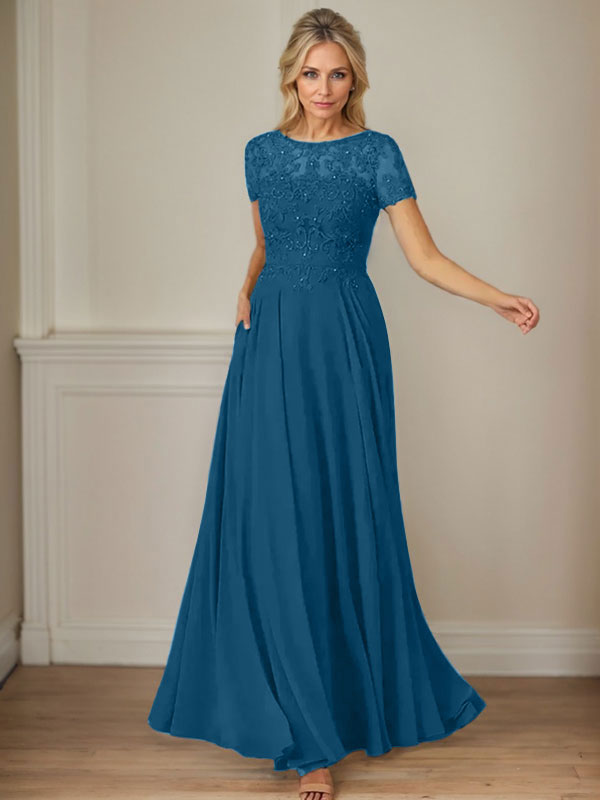 Dark Navy A-Line Boatneck Sequins Chiffon Dress