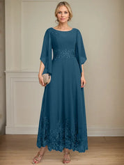 Robe de mère de la mariée trapèze en mousseline de soie et dentelle, longueur cheville, décolleté en V, illusion, avec paillettes 