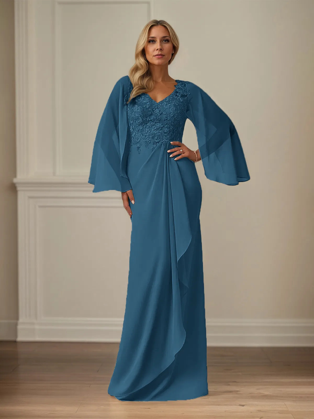 Column Chiffon V Neck Long Sleeves Floor Length Mother of the Bride Dresses With Appliques