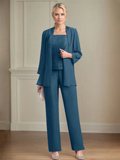 Chiffon Square Neck Sleeveless Floor Length Mother of the Bride Pantsuits