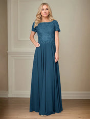 A Line Chiffon Boat Neck Short Sleeves Floor Length Pleated Mother of the Bride Dresses