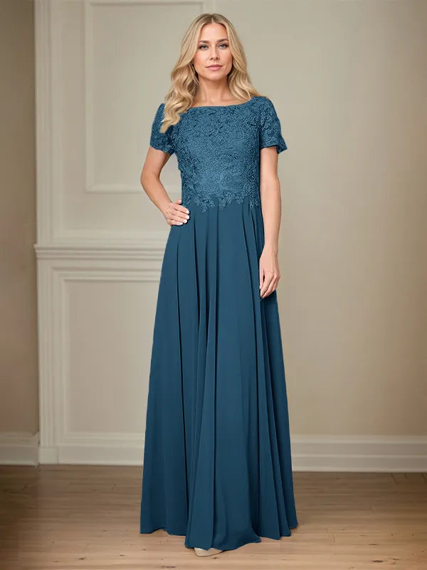 A Line Chiffon Boat Neck Short Sleeves Floor Length Pleated Mother of the Bride Dresses