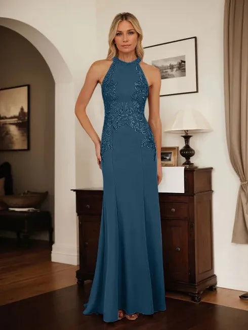 Dusty Blue Sheath Halter Long Mother of Bride Dress With Appliques