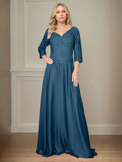 A Line Chiffon V Neck 3/4 Sleeves Floor-Length Mother Of The Bride Dress With Appliques