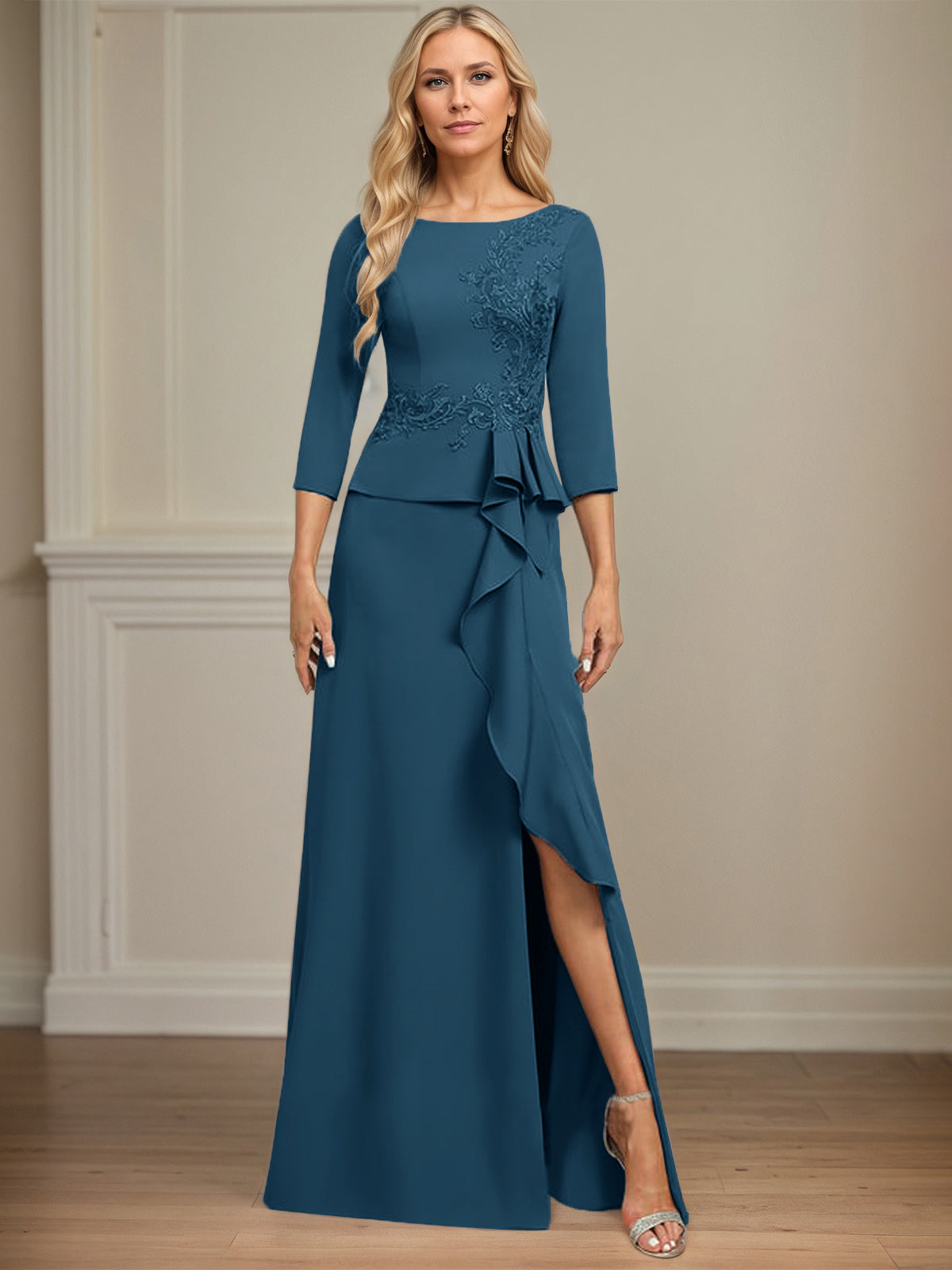 Column Scoop Floor-Length Stretch Crepe Dress With Cascading Ruffles Appliques