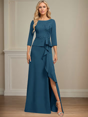 Sheath/Column Scoop Floor-Length Stretch Crepe Dress With Cascading Ruffles Appliques