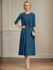 A-line Scoop Tea-Length Chiffon Mother of the Bride Dress With Pleated