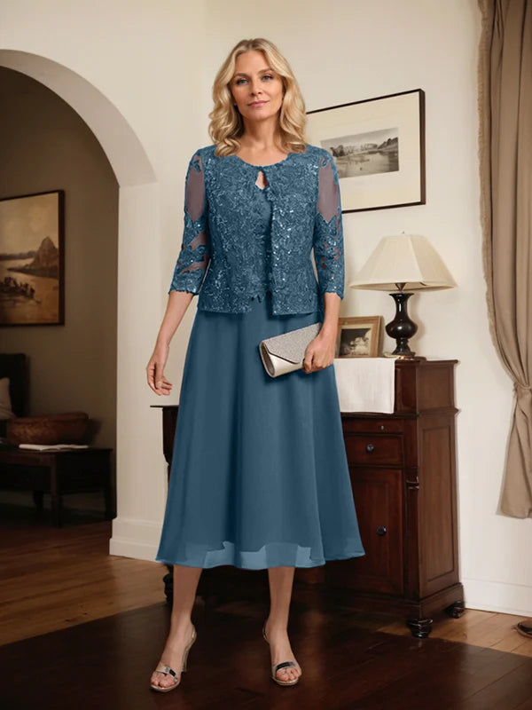 A-line Scoop Tea-Length Lace Chiffon Mother of the Bride Dress With Sequins