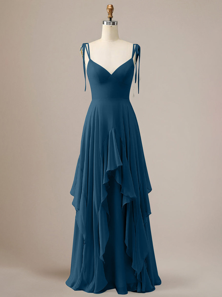 Elegant Dusty Blue A Line Spaghetti Straps Chiffon Long Bridesmaid Dress with Ruffles