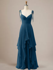 Elegant Dusty Blue A Line Spaghetti Straps Chiffon Long Bridesmaid Dress with Ruffles