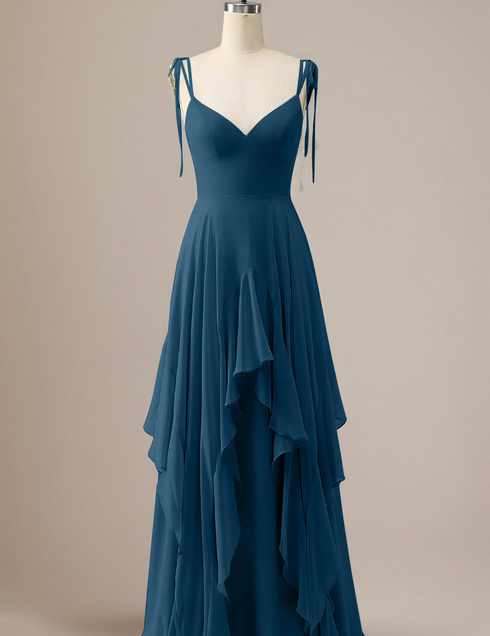 Elegant Dusty Blue A Line Spaghetti Straps Chiffon Long Bridesmaid Dress with Ruffles