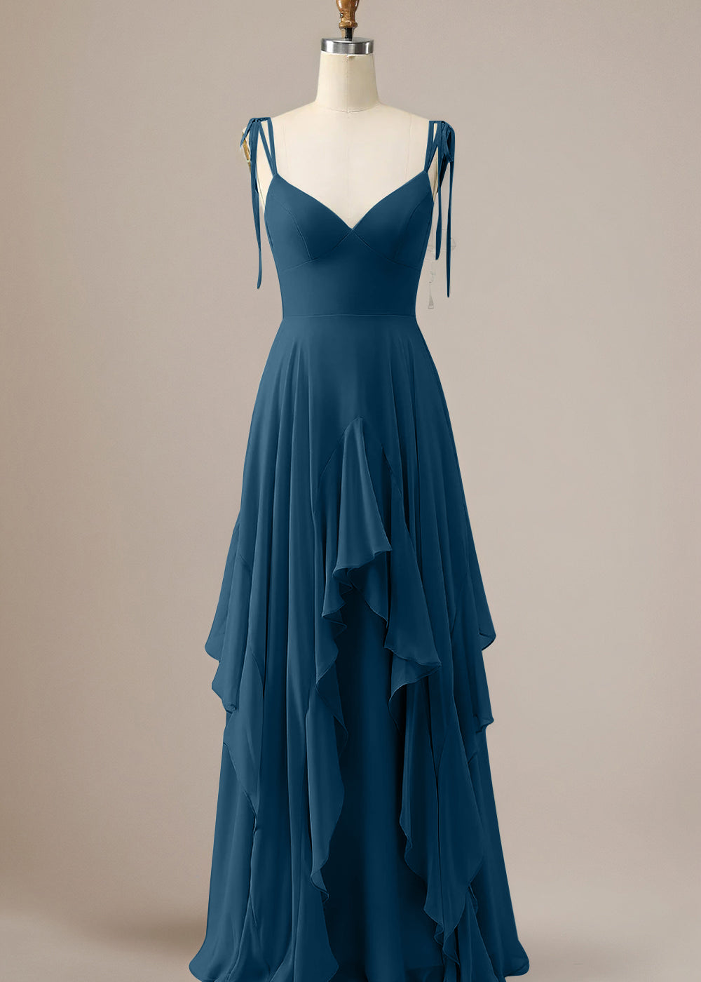 Elegant Dusty Blue A Line Spaghetti Straps Chiffon Long Bridesmaid Dress with Ruffles