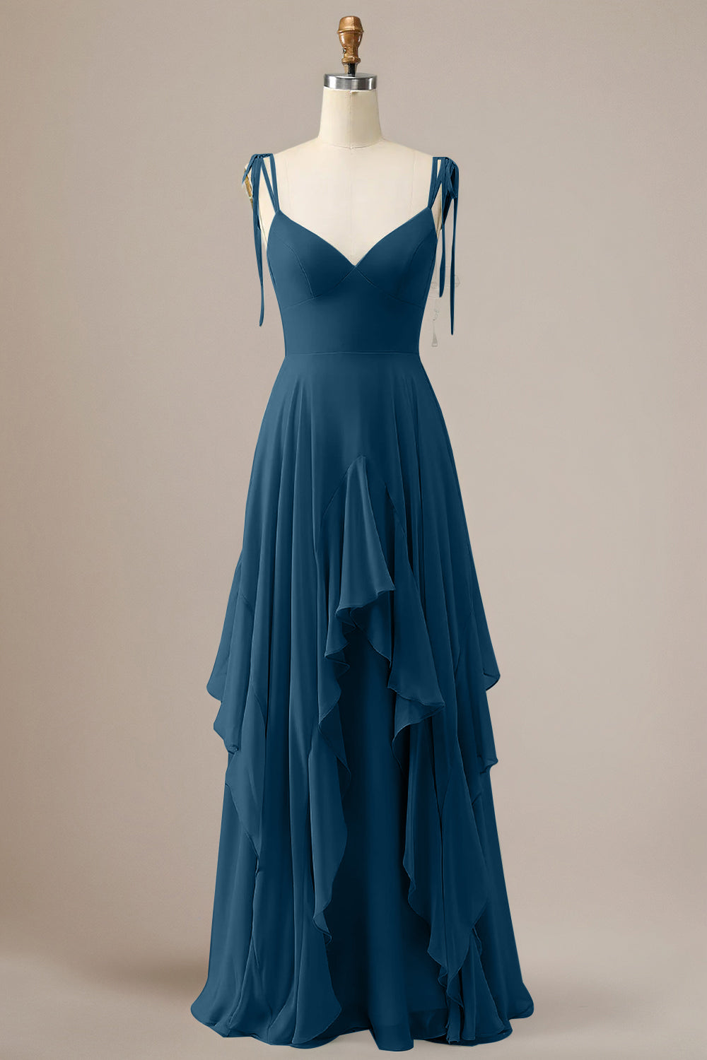 Elegant Dusty Blue A Line Spaghetti Straps Chiffon Long Bridesmaid Dress with Ruffles