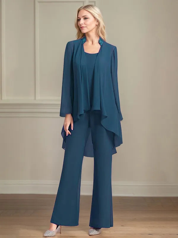 Chiffon Scoop Neck Long Sleeves Floor Length Mother Of The Bride Pantsuits