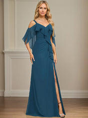 Sheath/Column Cold Shoulder V-Neck Floor-Length Chiffon Dress With Cascading Ruffles Sequins Beading