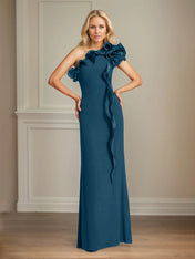 Navy Stretch Crepe Sheath/Column One Shoulder Floor Length Mother of the Bride Dresses With Ruffles