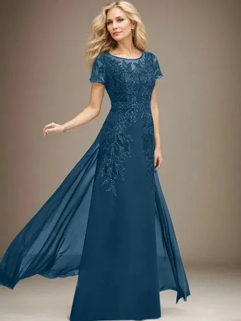 Column Scoop Illusion Floor-Length Lace Chiffon Mother of the Bride Dress With Sequins