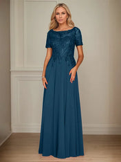 A Line Chiffon Boat Neck Short Sleeves Floor Length Mother of the Bride Dresses