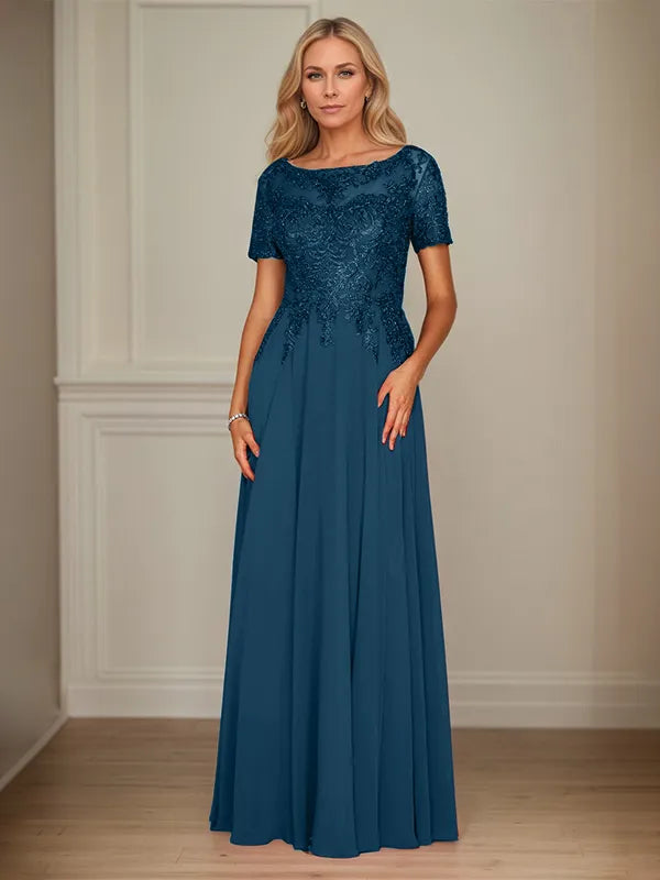 A Line Chiffon Boat Neck Short Sleeves Floor Length Mother of the Bride Dresses