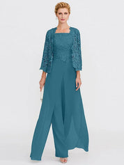 Ensemble 3 pièces en mousseline de soie avec col carré et veste pour mère de la mariée 
