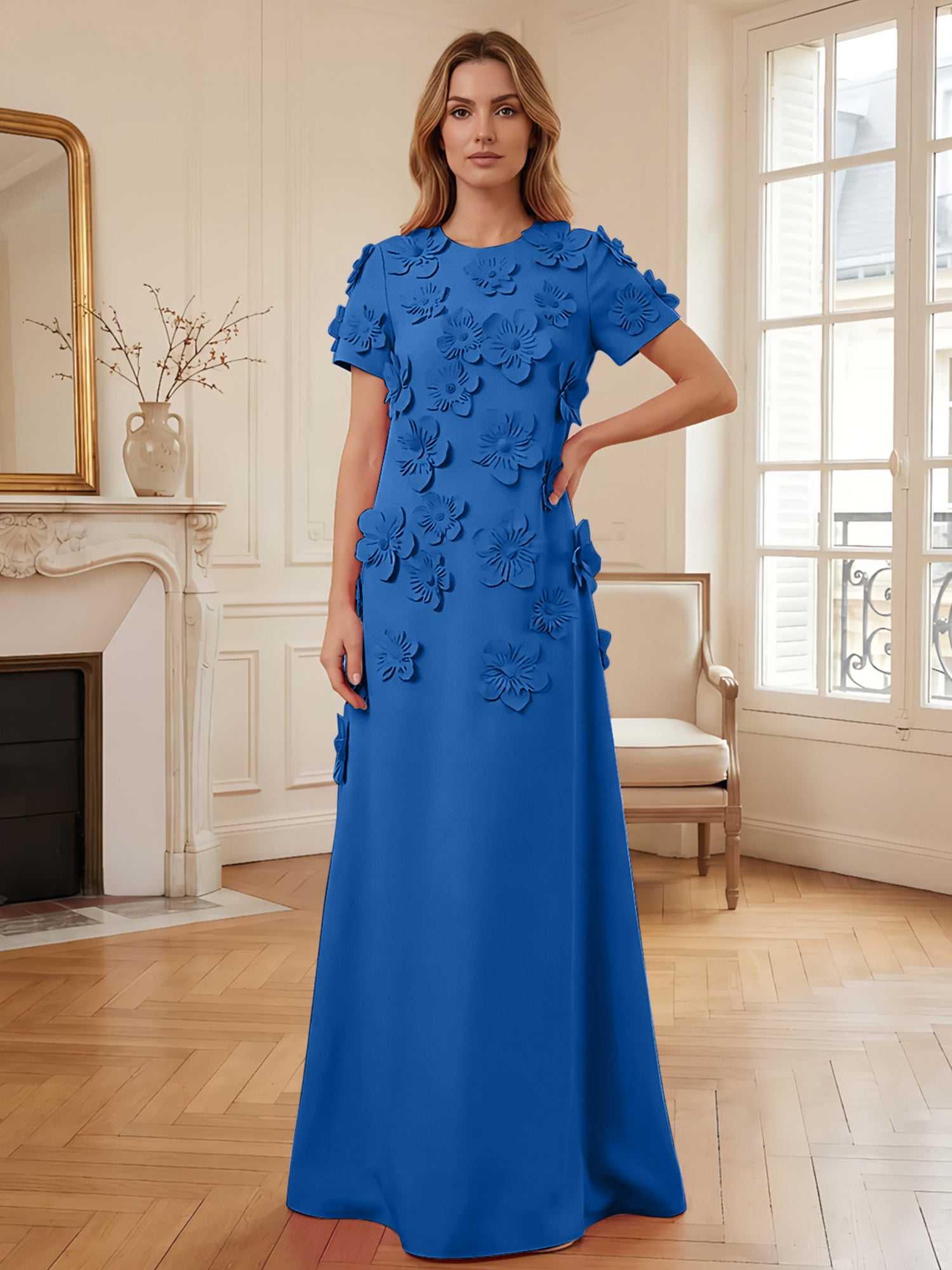 Short Sleeve Crew Neck A-Line Gown with 3D Floral Appliques Evening Dresses