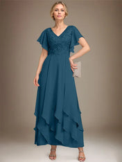 A-line V-Neck Ankle-Length Lace Chiffon Mother of the Bride Dress With Cascading Ruffles