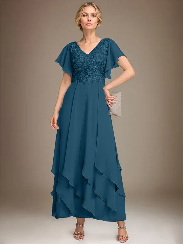 Robe de mère de la mariée trapèze, col en V, longueur cheville, en mousseline de soie et dentelle, avec volants en cascade 