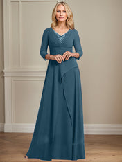 A-line V-Neck Floor-Length Chiffon Mother of the Bride Dress With Pleated Beading