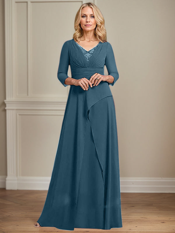 A-line V-Neck Floor-Length Chiffon Mother of the Bride Dress With Pleated Beading